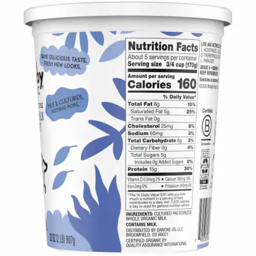 Valor nutricional del Wallaby Organic Greek Yogurt